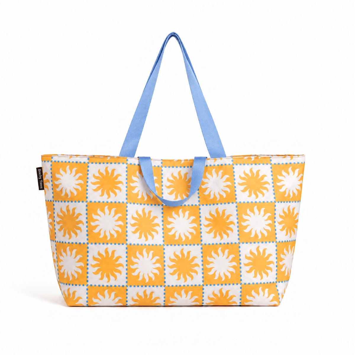 Golden Rays XL beach bag in an orange and white sun checkerboard with blue handles