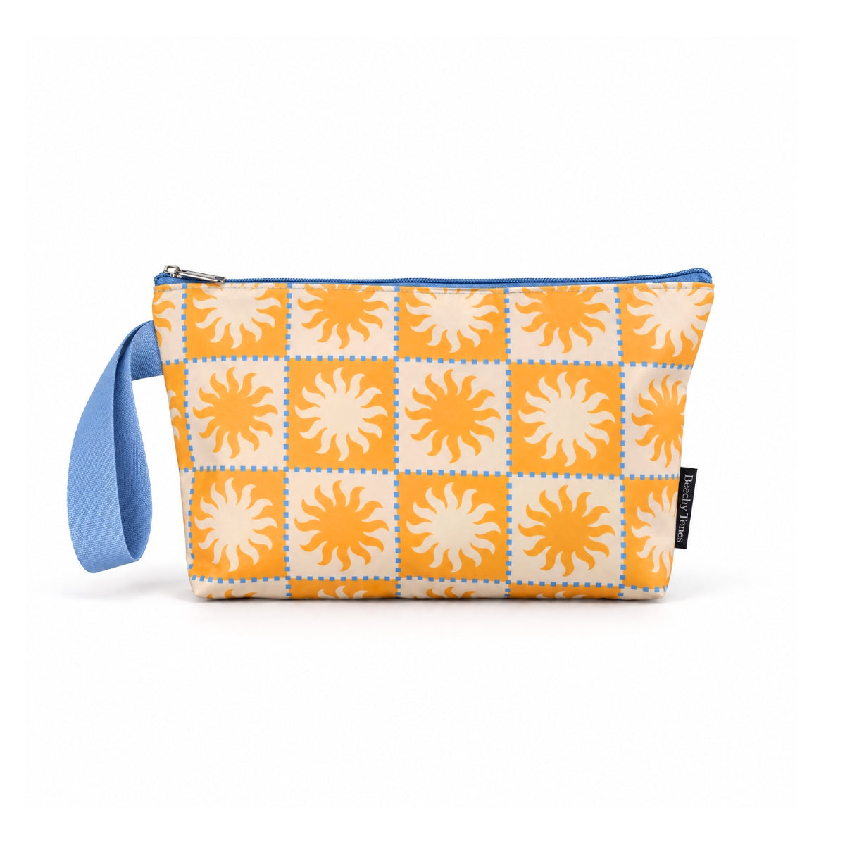 Golden Rays beach pouch with blue wrist strap, in an orange and white sun checkerboard