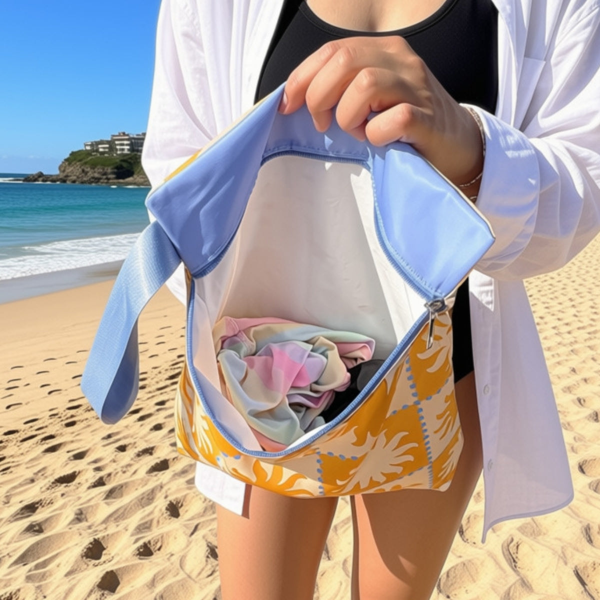 Golden Rays wet bag held open at the beach, showing the waterproof lining