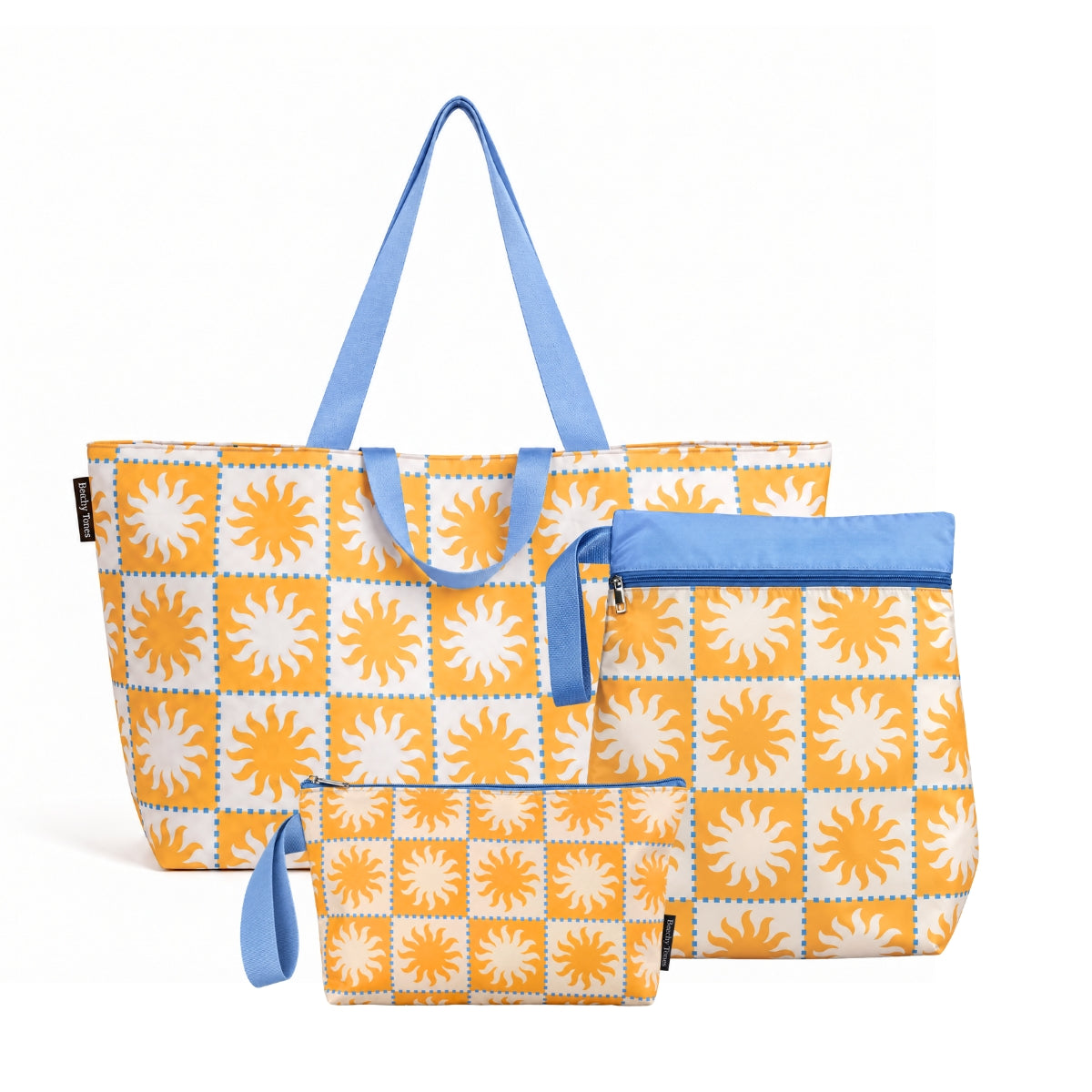 Golden Rays Complete Swim Set: XL beach bag, wet bag and pouch in an orange and white sun checkerboard with blue handles