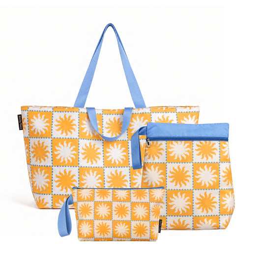 Golden Rays Complete Swim Set: XL beach bag, wet bag and pouch in an orange and white sun checkerboard with blue handles