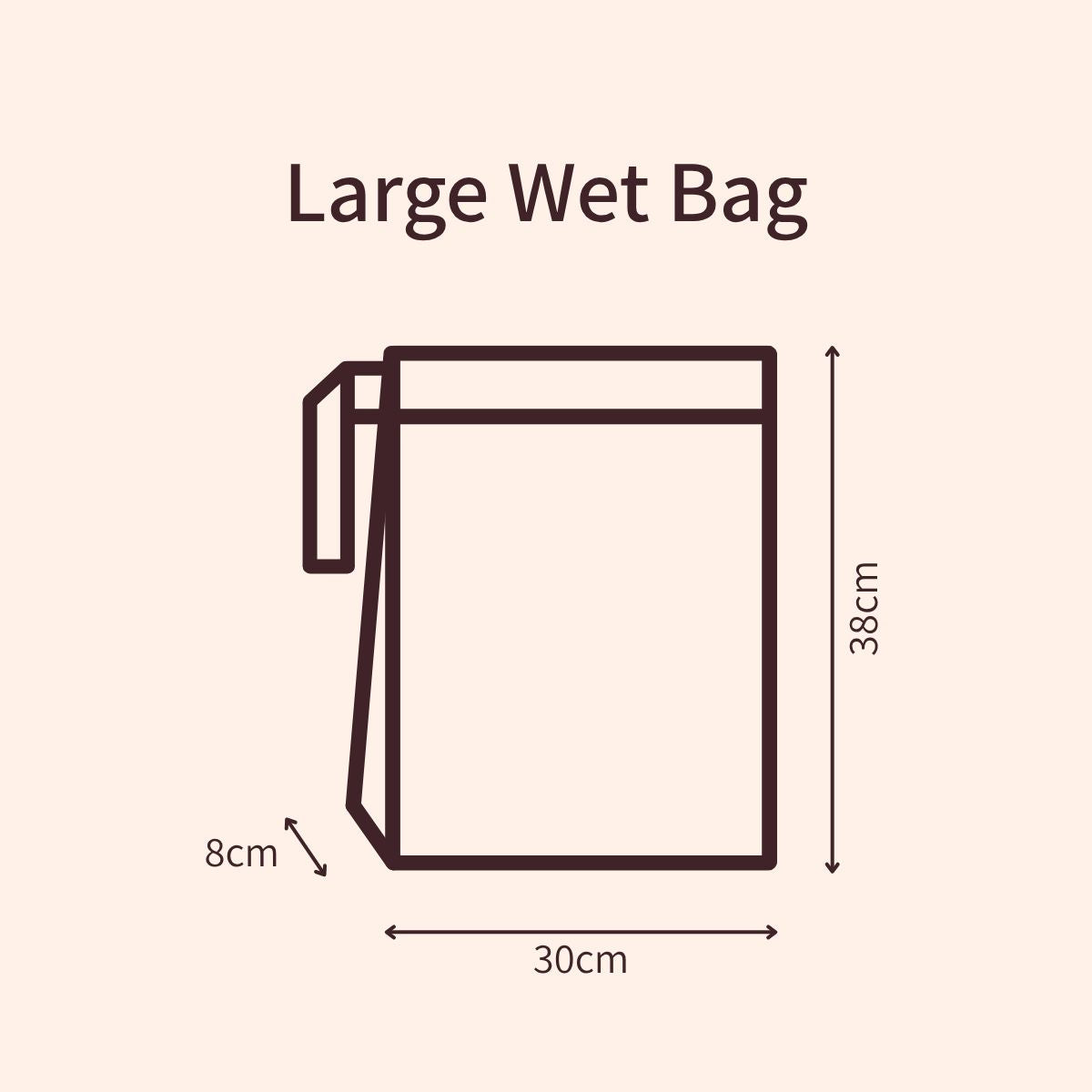 Size guide: Beachy Tones Large Wet Bag shown upright, outline with measurements in centimetres