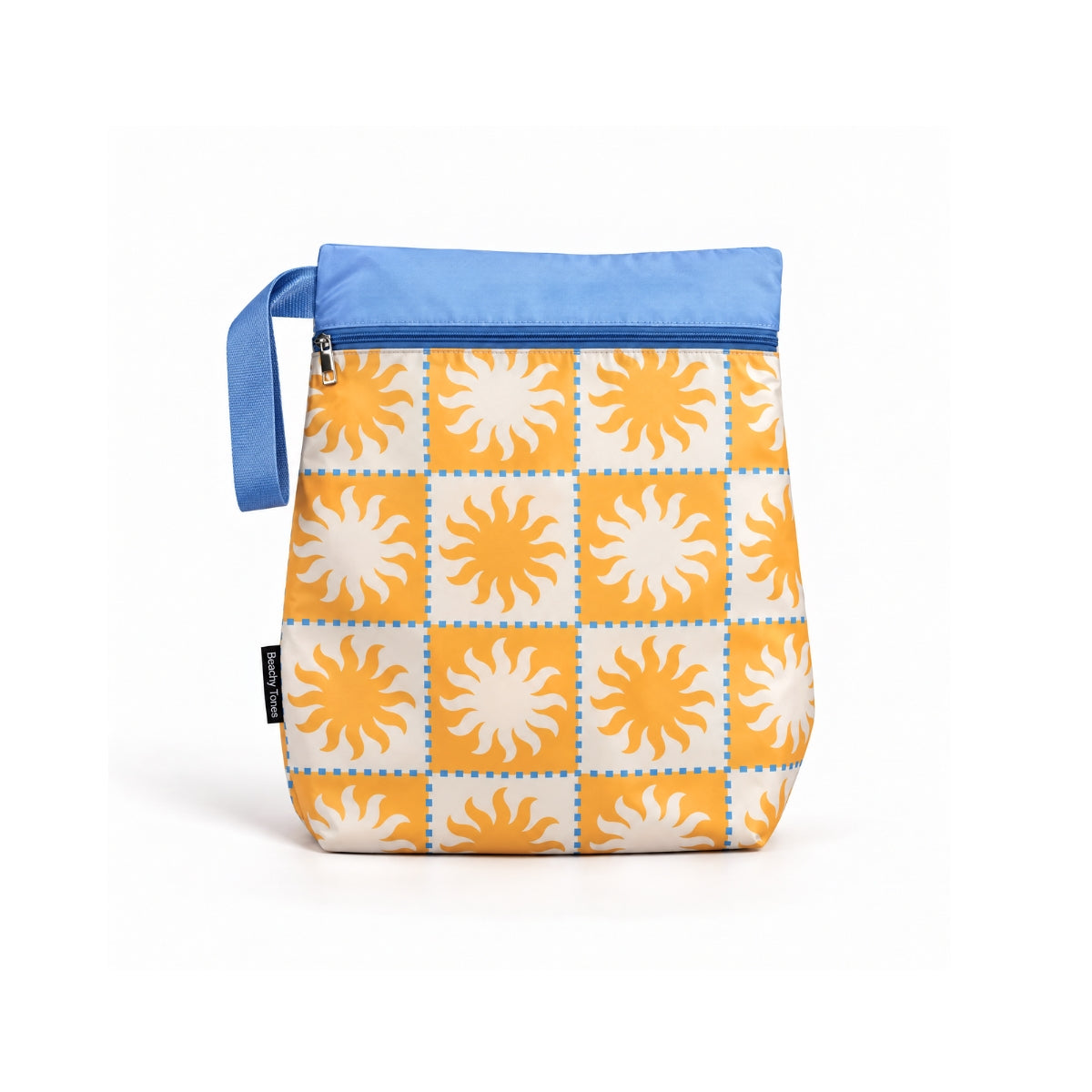 Golden Rays wet bag, front view, in an orange and white sun checkerboard with blue zip trim